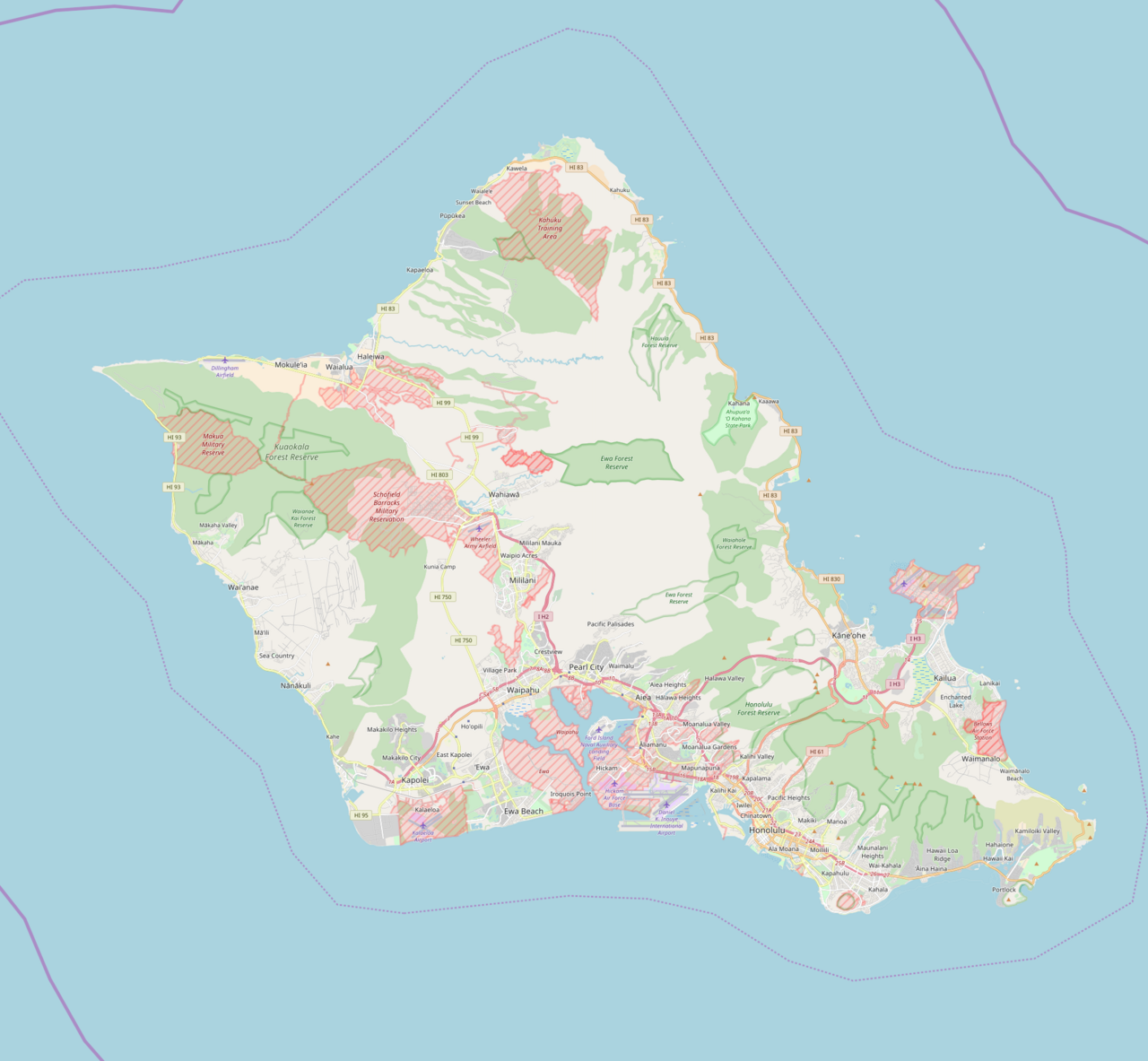 Map of Oahu showing dolphin tour locations