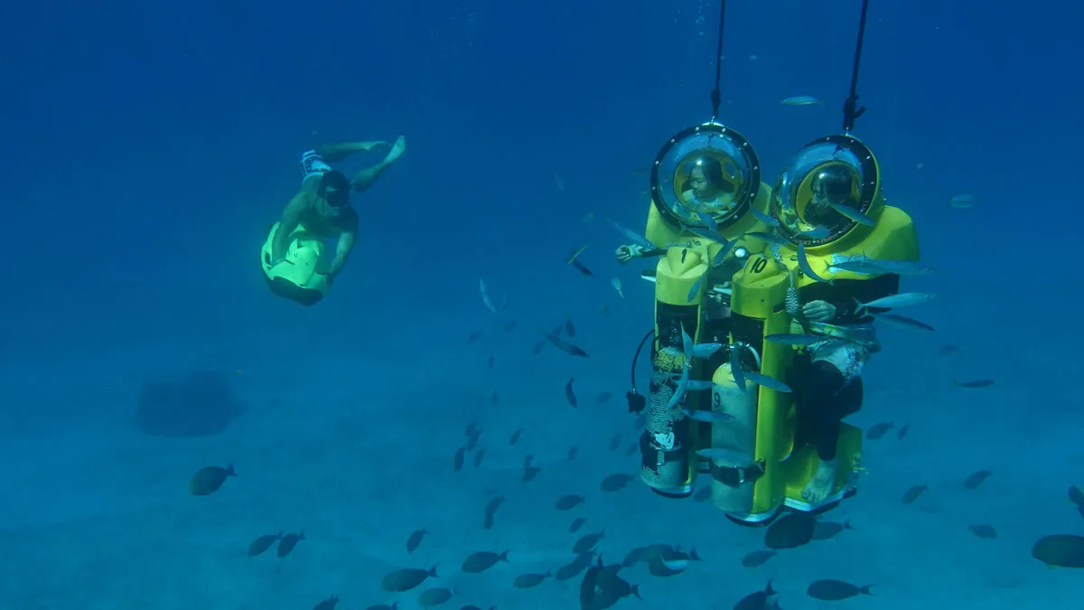 A dual submarine scooter and a Super Dolphin seabob rider exploring the reef together